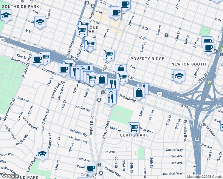 map of restaurants, bars, coffee shops, grocery stores, and more near 2423 20th Street in Sacramento
