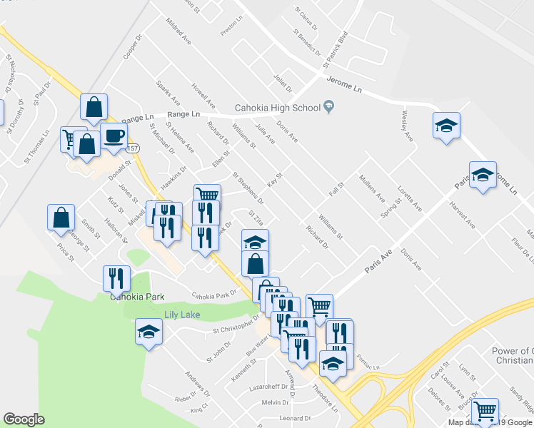 map of restaurants, bars, coffee shops, grocery stores, and more near 1310 Saint Stephens Drive in Cahokia