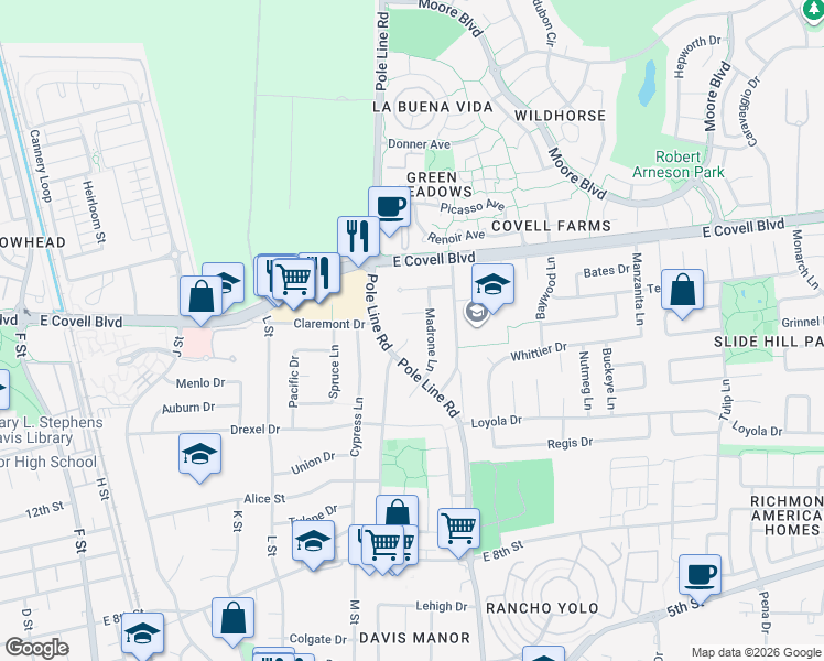 map of restaurants, bars, coffee shops, grocery stores, and more near 1415 Chestnut Place in Davis
