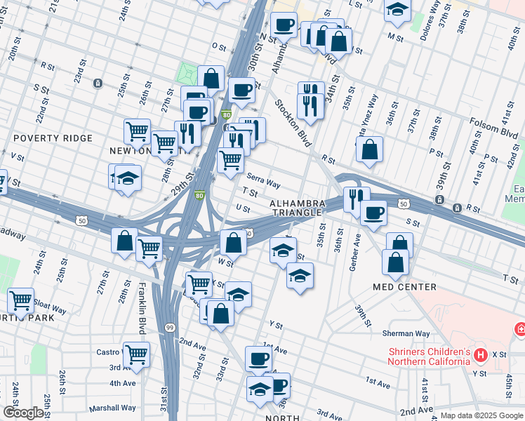 map of restaurants, bars, coffee shops, grocery stores, and more near 3209 U Street in Sacramento