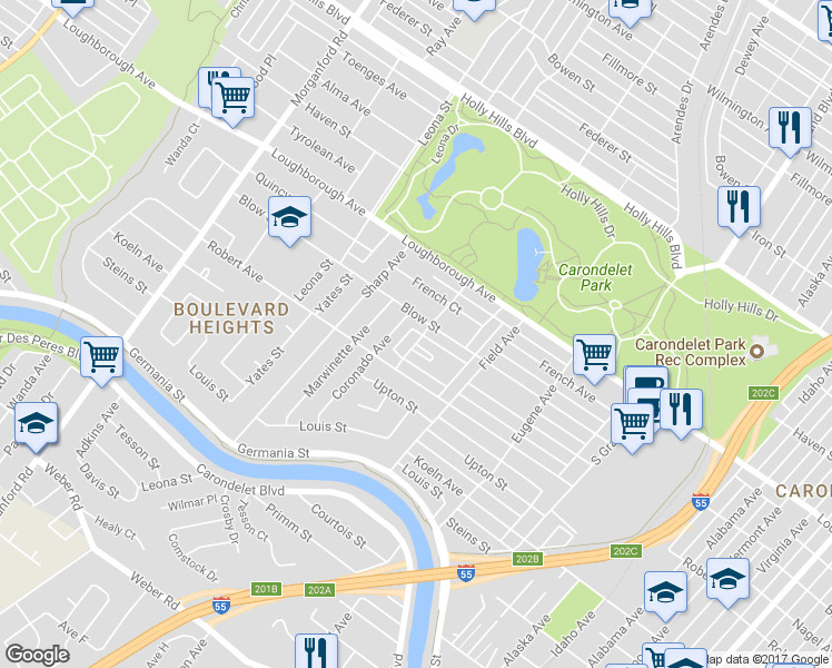 map of restaurants, bars, coffee shops, grocery stores, and more near 7111 Trainor Place in St. Louis