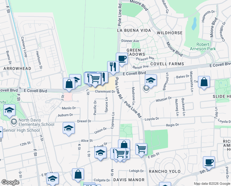 map of restaurants, bars, coffee shops, grocery stores, and more near 1619 Pole Line Road in Davis