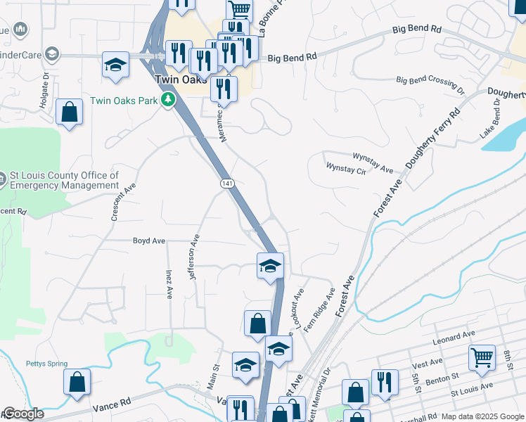 map of restaurants, bars, coffee shops, grocery stores, and more near 620 Meramec Station Road in Valley Park
