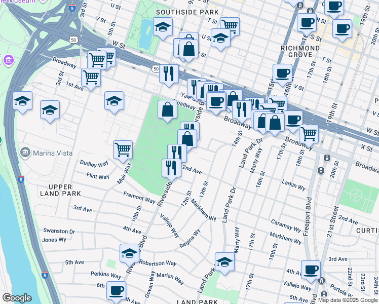 map of restaurants, bars, coffee shops, grocery stores, and more near 2661 Riverside Boulevard in Sacramento