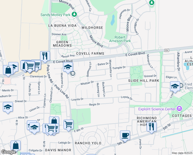 map of restaurants, bars, coffee shops, grocery stores, and more near 2330 Clemson Drive in Davis