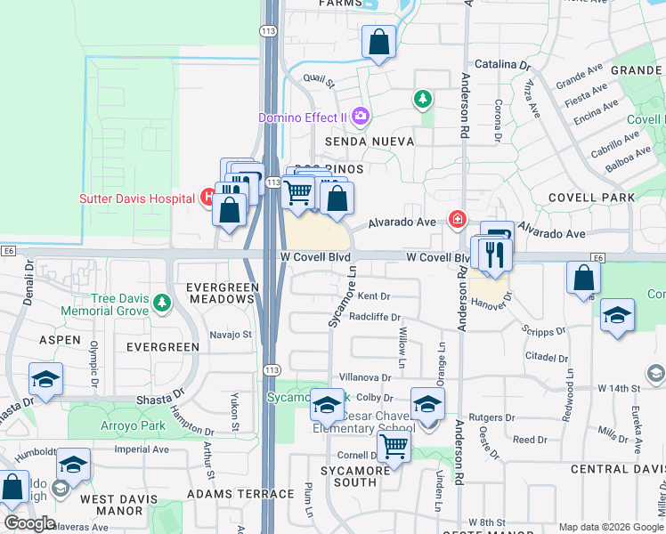 map of restaurants, bars, coffee shops, grocery stores, and more near 1351 Drake Drive in Davis