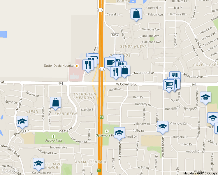 map of restaurants, bars, coffee shops, grocery stores, and more near 1400 West Covell Boulevard in Davis