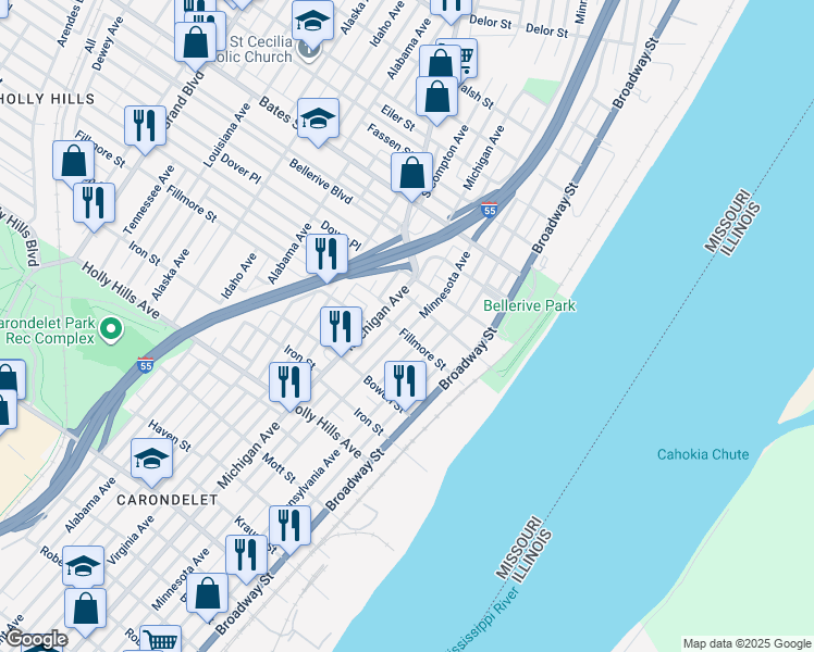 map of restaurants, bars, coffee shops, grocery stores, and more near 5912 Minnesota Avenue in St. Louis