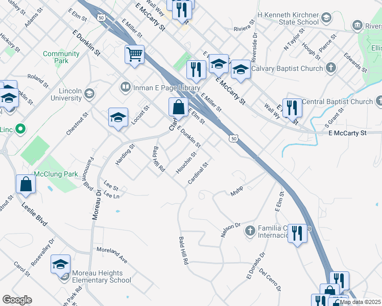 map of restaurants, bars, coffee shops, grocery stores, and more near 711 Hobbs Terrace in Jefferson City