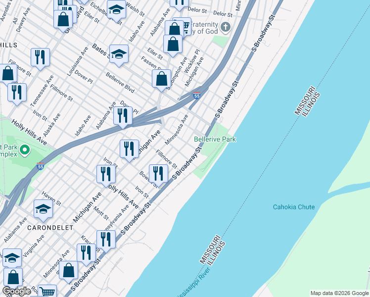map of restaurants, bars, coffee shops, grocery stores, and more near 5810 Pennsylvania Avenue in St. Louis