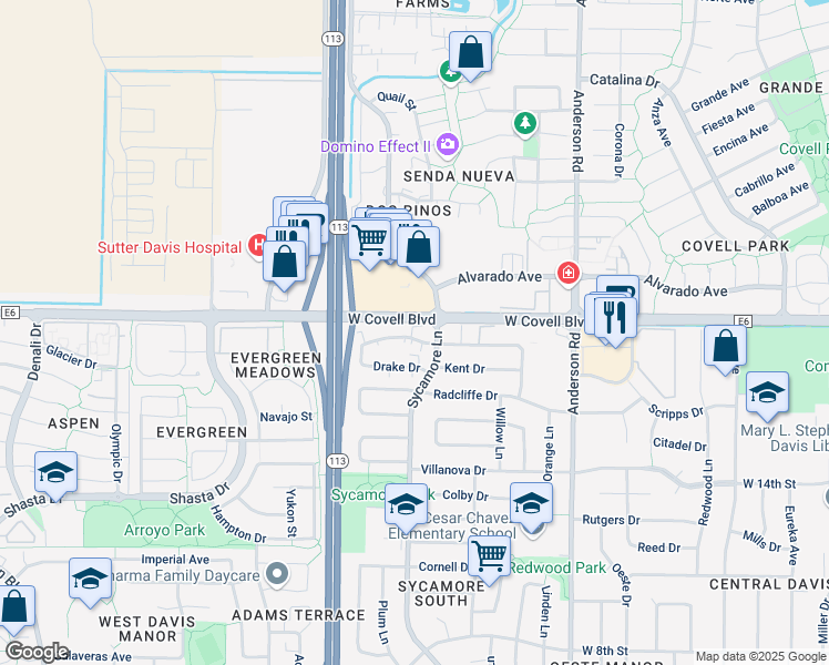 map of restaurants, bars, coffee shops, grocery stores, and more near 1351 Drake Drive in Davis