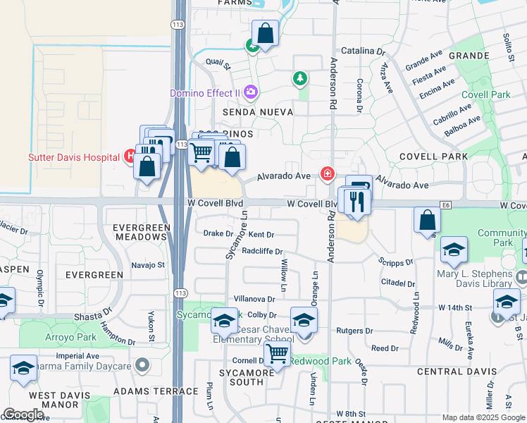 map of restaurants, bars, coffee shops, grocery stores, and more near 1111 Drake Dr in Davis