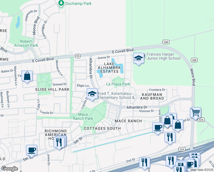 map of restaurants, bars, coffee shops, grocery stores, and more near 3237 Conquistador Way in Davis