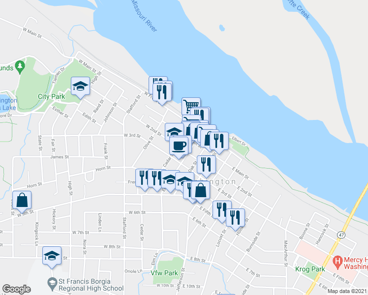 map of restaurants, bars, coffee shops, grocery stores, and more near 311 West 2nd Street in Washington