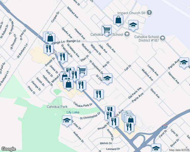 map of restaurants, bars, coffee shops, grocery stores, and more near 1312 Saint Zita in Cahokia