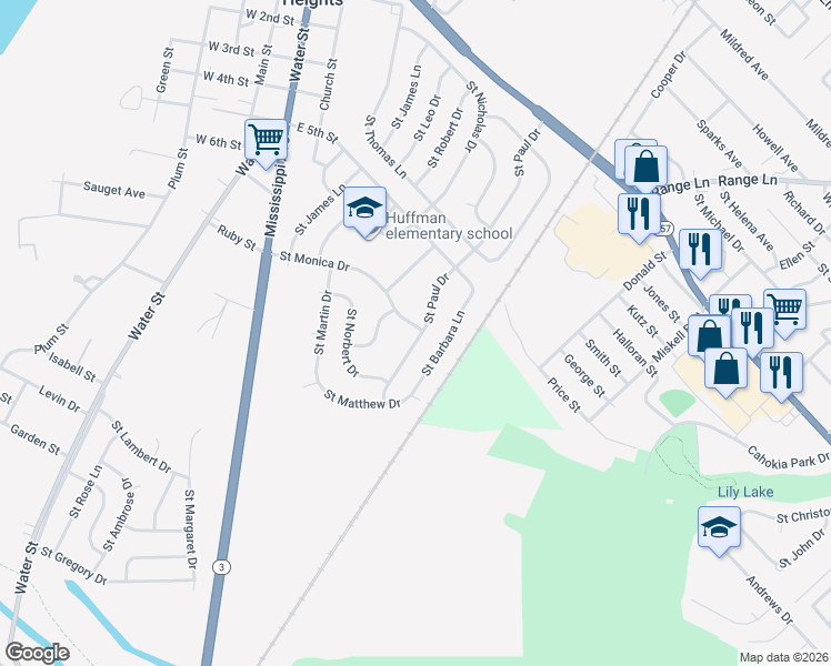 map of restaurants, bars, coffee shops, grocery stores, and more near 701 Saint Paul Drive in Cahokia