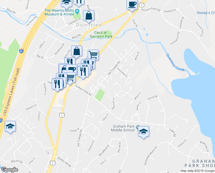 map of restaurants, bars, coffee shops, grocery stores, and more near 2843 Banks Court in Dumfries