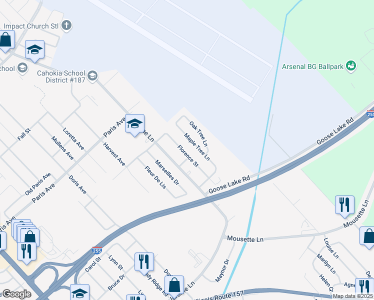map of restaurants, bars, coffee shops, grocery stores, and more near 1927 Florence Street in Cahokia