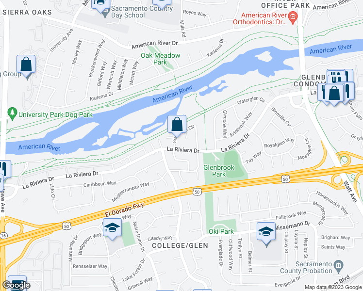 map of restaurants, bars, coffee shops, grocery stores, and more near 8425 La Riviera Drive in Sacramento