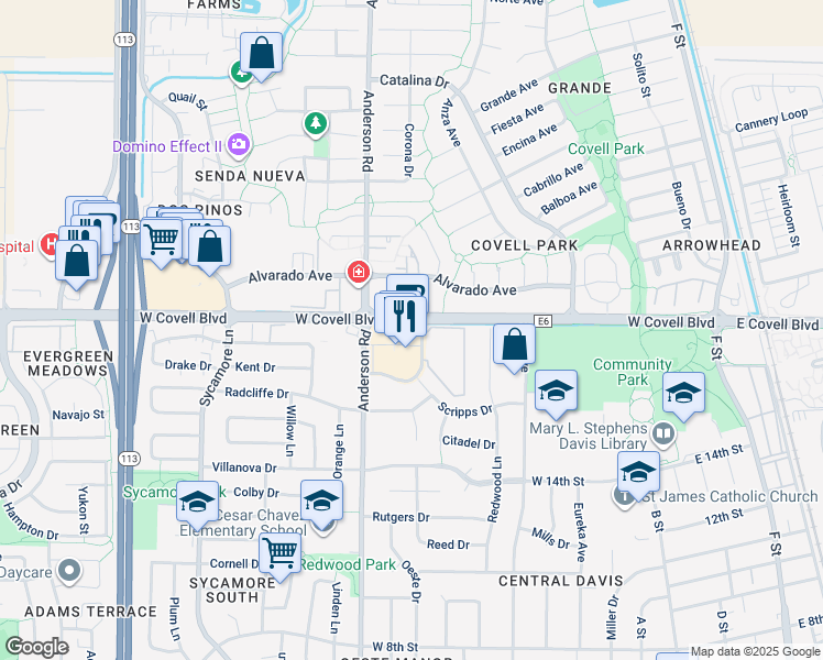 map of restaurants, bars, coffee shops, grocery stores, and more near 620 County Highway E6 in Davis