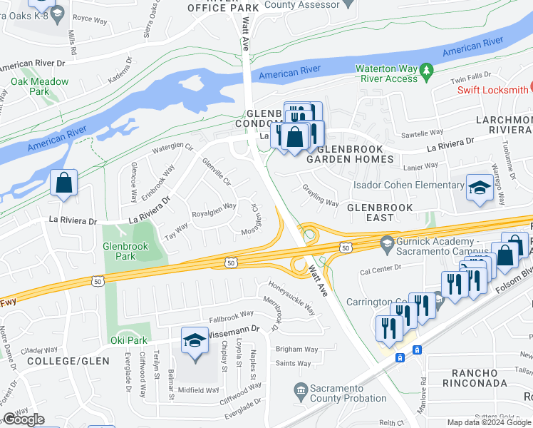 map of restaurants, bars, coffee shops, grocery stores, and more near 109 Mossglen Circle in Sacramento