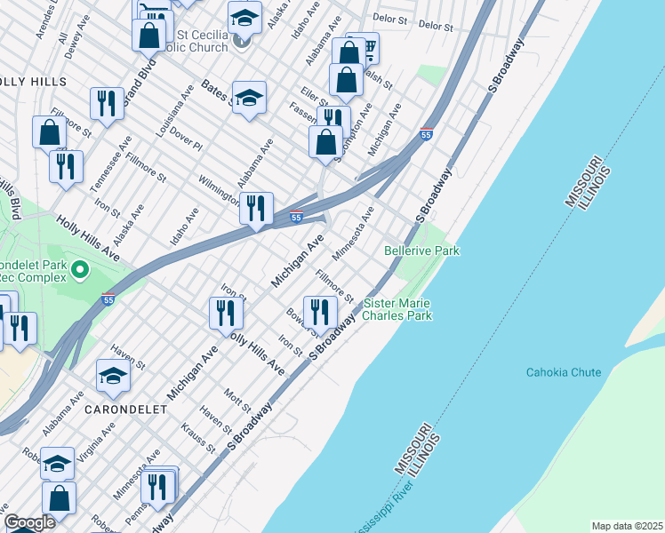 map of restaurants, bars, coffee shops, grocery stores, and more near 5912 Minnesota Avenue in St. Louis