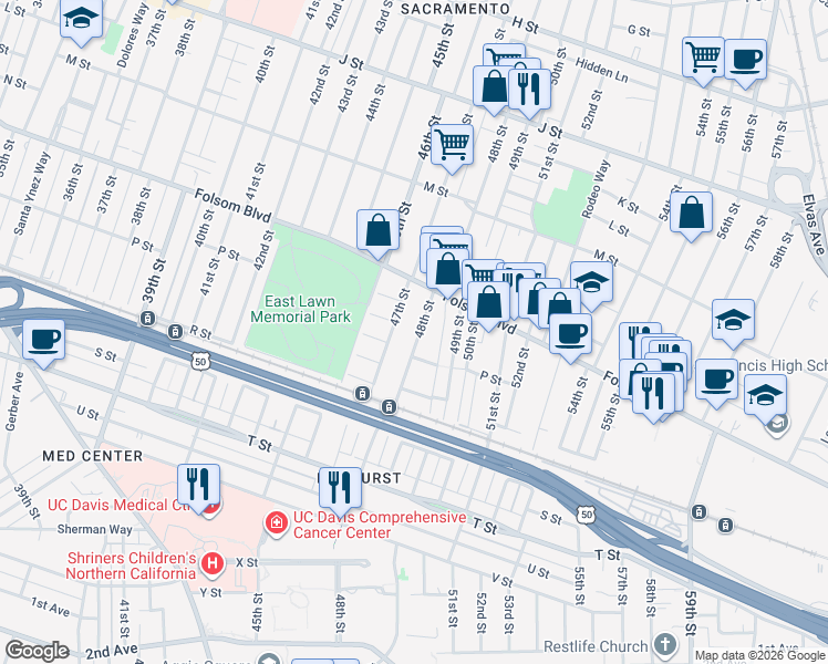 map of restaurants, bars, coffee shops, grocery stores, and more near 1544 48th Street in Sacramento