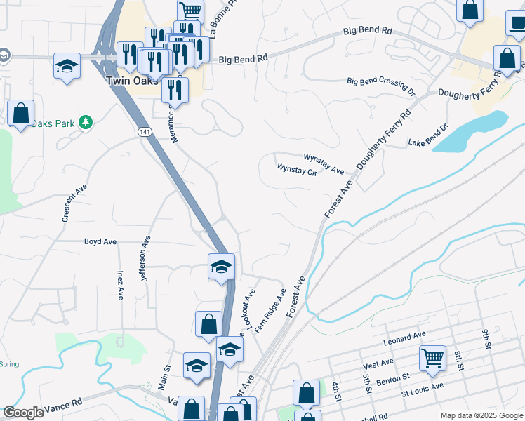 map of restaurants, bars, coffee shops, grocery stores, and more near 767 Highland Ave in Valley Park