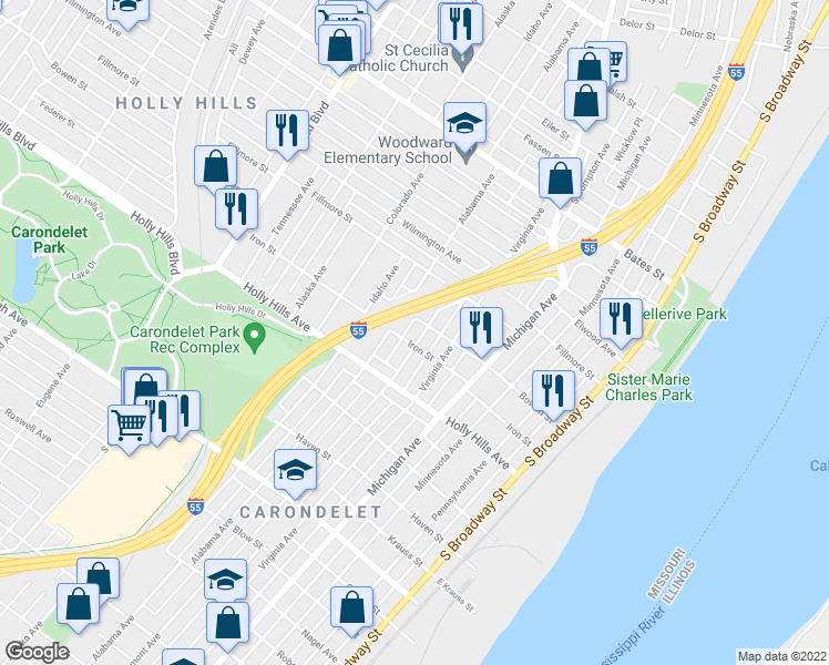 map of restaurants, bars, coffee shops, grocery stores, and more near 6215 Vermont Avenue in St. Louis