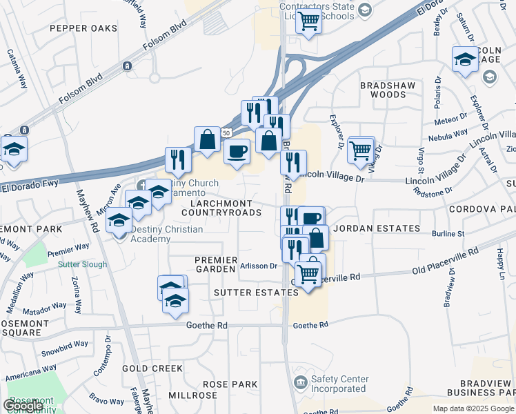 map of restaurants, bars, coffee shops, grocery stores, and more near 9620 Country Roads Drive in Sacramento