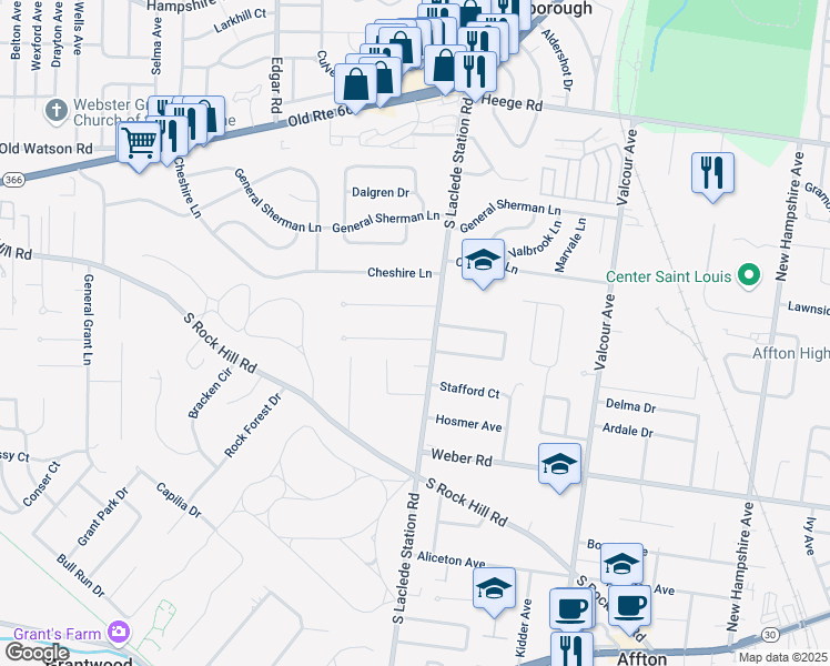 map of restaurants, bars, coffee shops, grocery stores, and more near 7315 Idamor Lane in Affton