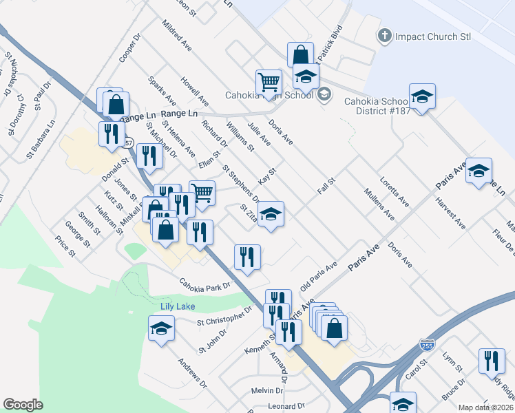map of restaurants, bars, coffee shops, grocery stores, and more near 1310 Saint Stephens Drive in Cahokia