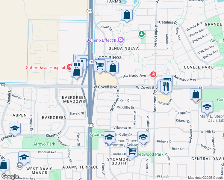 map of restaurants, bars, coffee shops, grocery stores, and more near 1311 Drake Drive in Davis