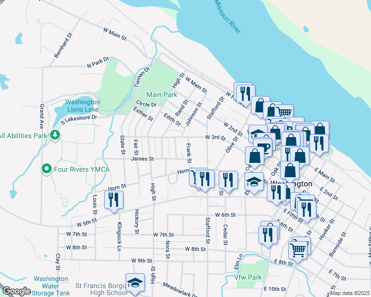 map of restaurants, bars, coffee shops, grocery stores, and more near 307 Frank Street in Washington