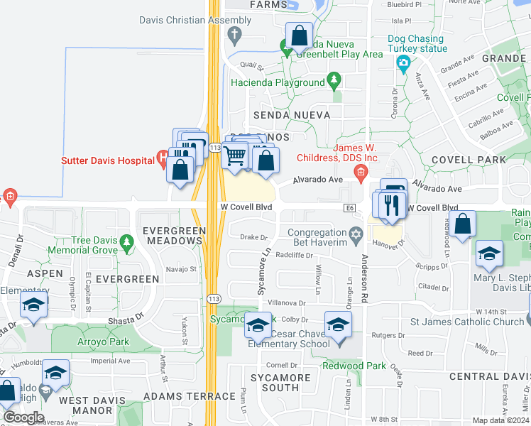 map of restaurants, bars, coffee shops, grocery stores, and more near 1931 Sycamore Lane in Davis