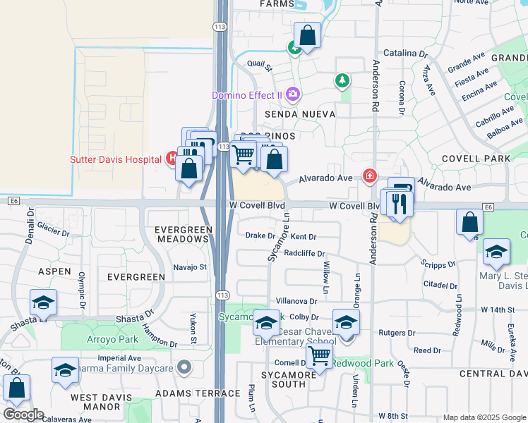 map of restaurants, bars, coffee shops, grocery stores, and more near 1351 Drake Drive in Davis