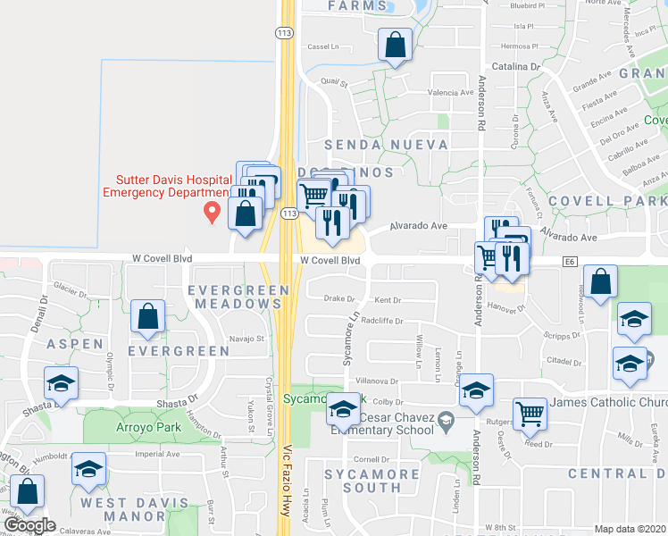 map of restaurants, bars, coffee shops, grocery stores, and more near 1351 Drake Drive in Davis