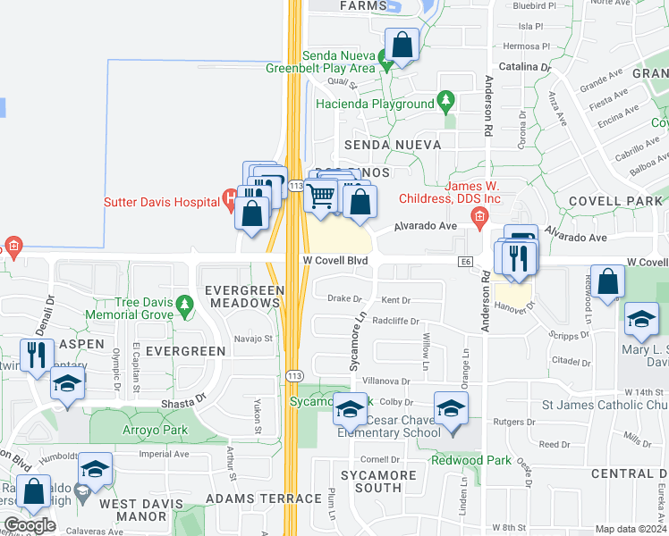 map of restaurants, bars, coffee shops, grocery stores, and more near 1351 Drake Drive in Davis