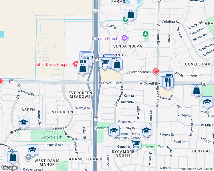 map of restaurants, bars, coffee shops, grocery stores, and more near 1351 Drake Drive in Davis