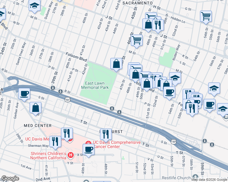 map of restaurants, bars, coffee shops, grocery stores, and more near 4609 Buckingham Way in Sacramento