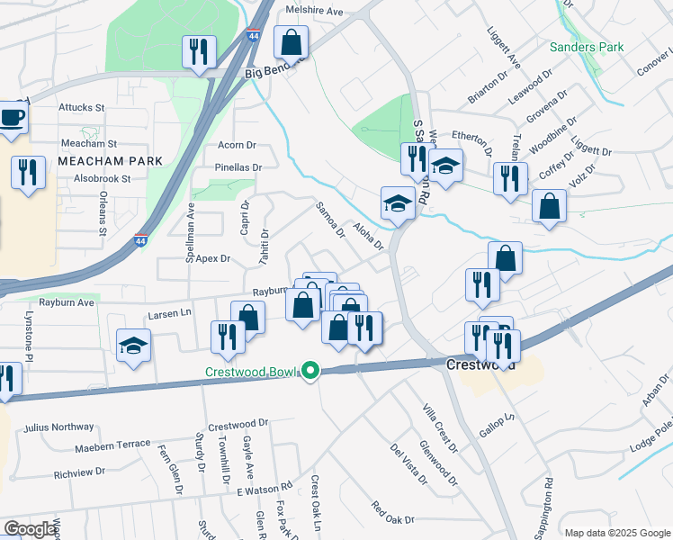 map of restaurants, bars, coffee shops, grocery stores, and more near 1367 Raycrest Lane in St. Louis