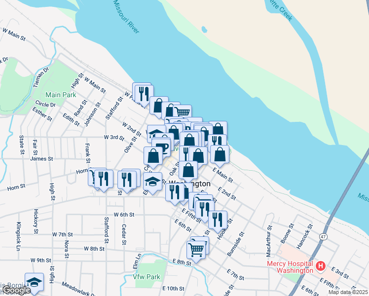 map of restaurants, bars, coffee shops, grocery stores, and more near 203 West Main Street in Washington