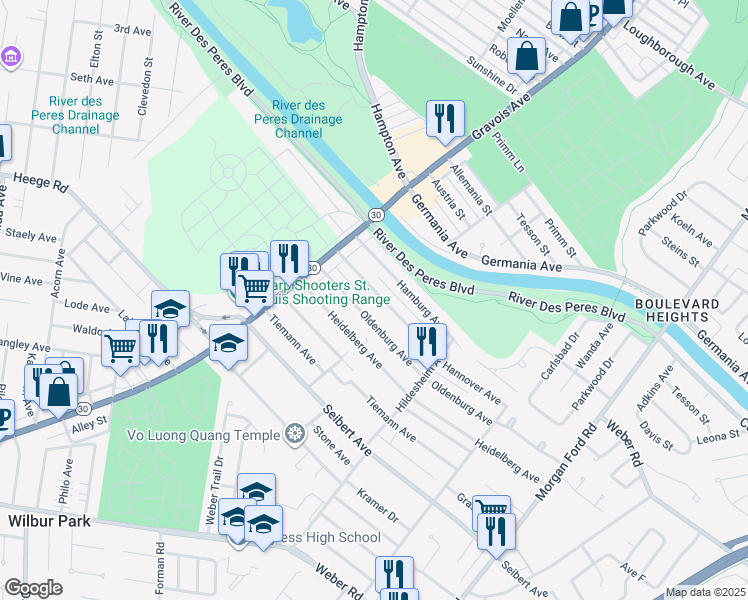 map of restaurants, bars, coffee shops, grocery stores, and more near 4802 Hannover Avenue in St. Louis
