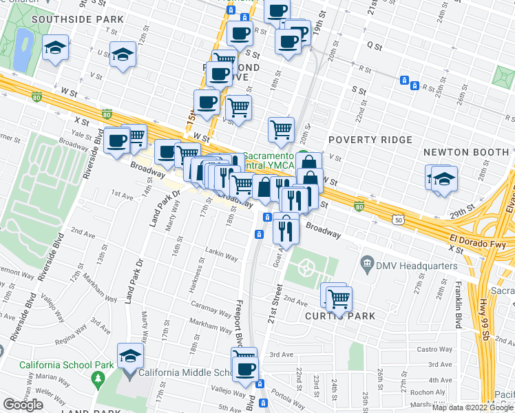 map of restaurants, bars, coffee shops, grocery stores, and more near Freeport Blvd & Broadway in Sacramento