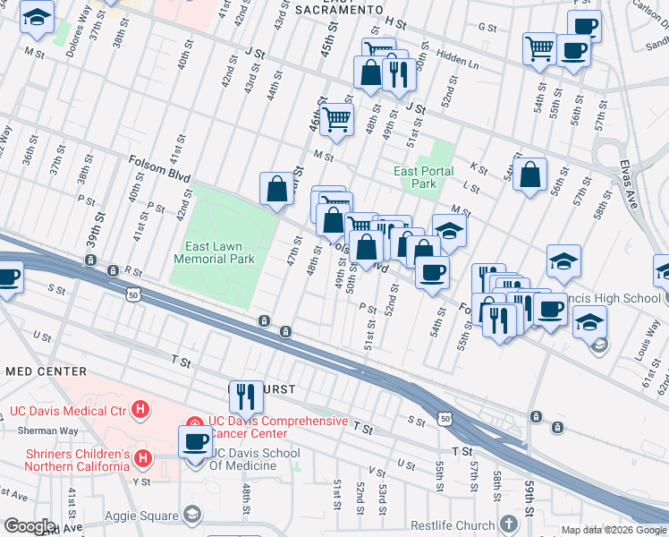 map of restaurants, bars, coffee shops, grocery stores, and more near 1532 49th Street in Sacramento