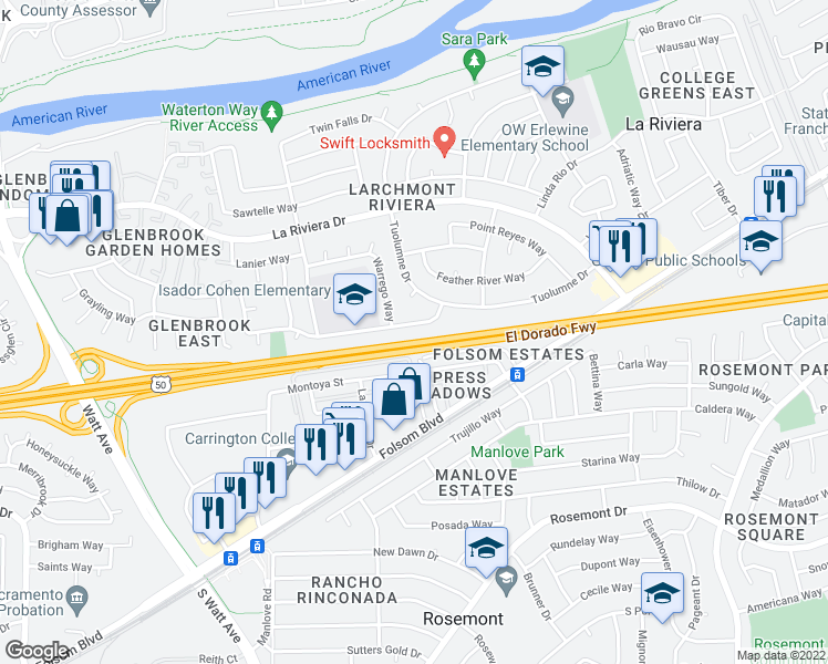 map of restaurants, bars, coffee shops, grocery stores, and more near 9070 Salmon Falls Drive in Sacramento