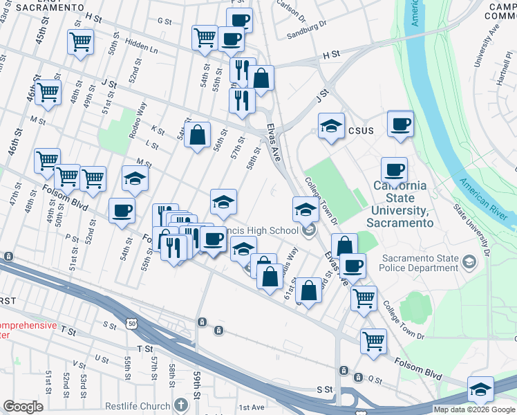 map of restaurants, bars, coffee shops, grocery stores, and more near 1215 Janey Way in Sacramento