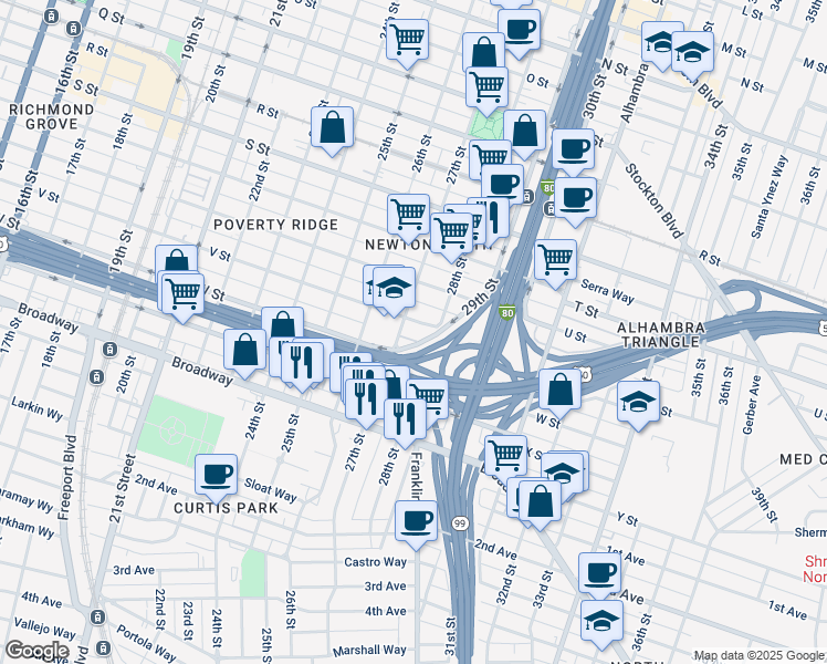 map of restaurants, bars, coffee shops, grocery stores, and more near 2710 V St in Sacramento