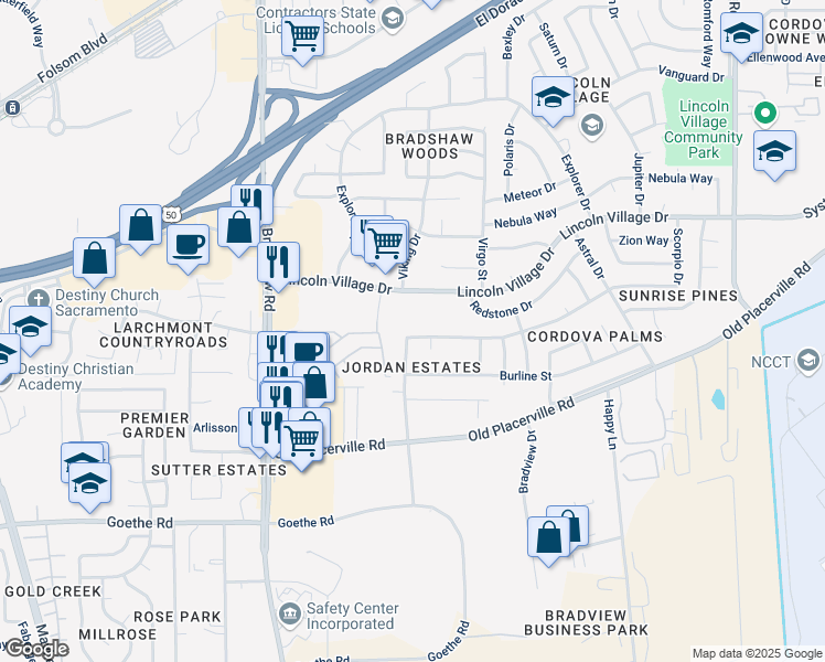 map of restaurants, bars, coffee shops, grocery stores, and more near 3556 Granby Drive in Sacramento