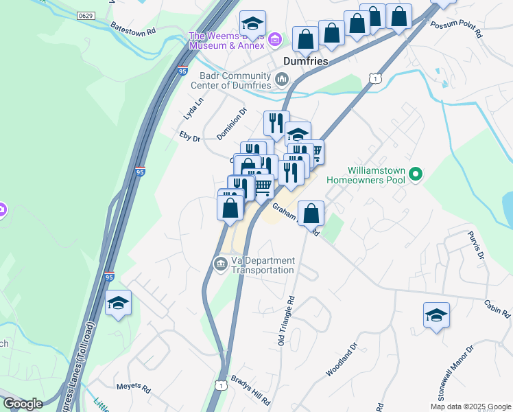 map of restaurants, bars, coffee shops, grocery stores, and more near 18050 Triangle Shopping Plaza in Dumfries